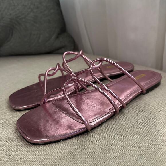 NEW Maeve Anthropologie Shiny Pink Strappy Slip On Sandals Leather Square Toe 8 - Picture 5 of 10